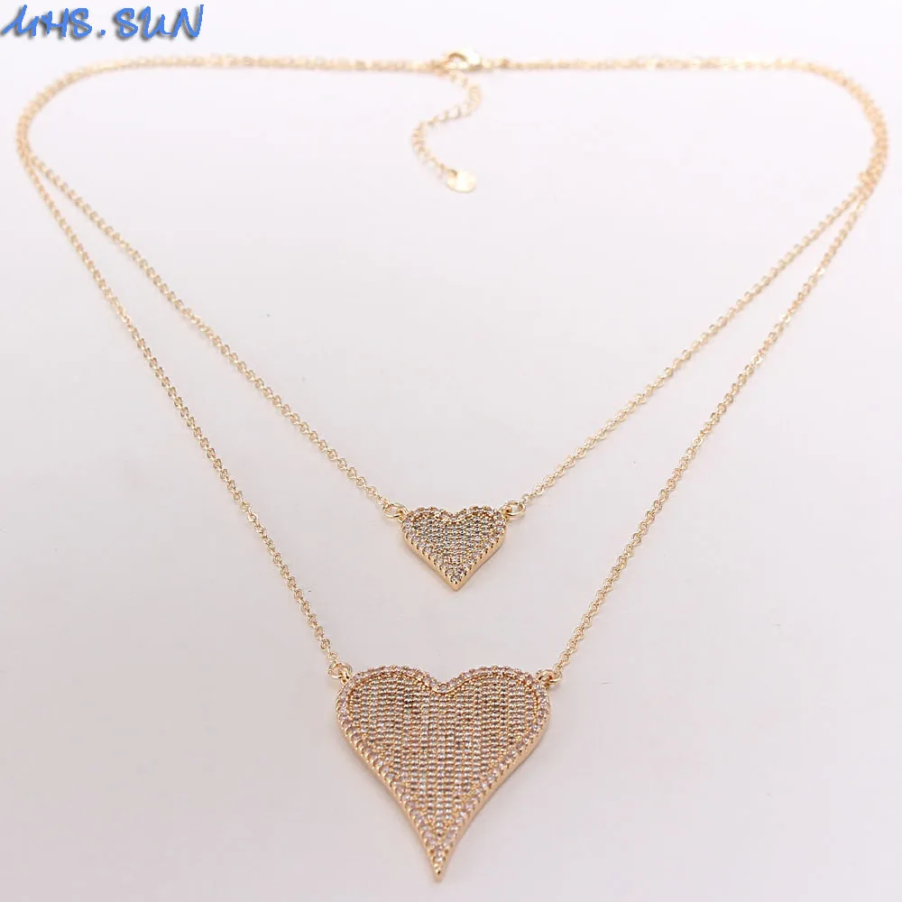SUNSLL Gold Color Copper CZ Zircon Delicate Bilayer Heart Pendant Link Chain Necklace Fashion Jewelry For Women Party Gift