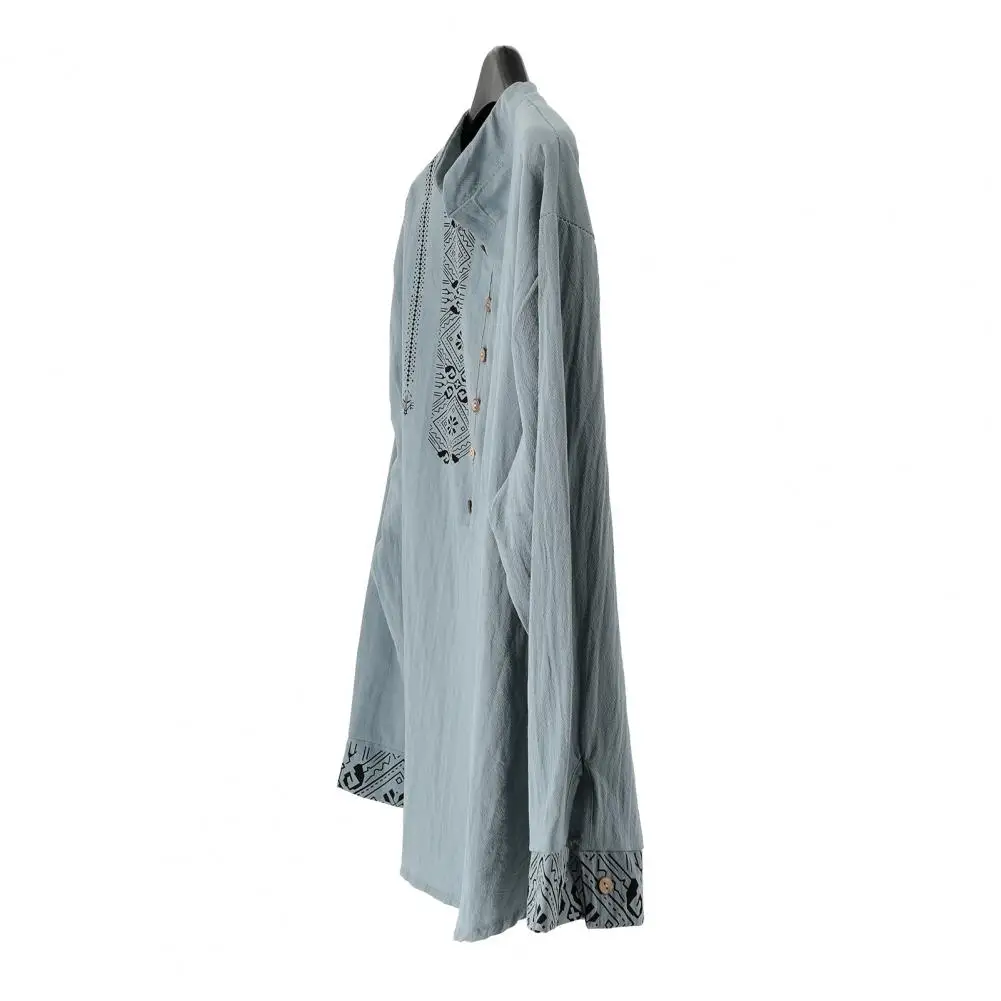 

Men Casual Shirt Vintage Ethnic Style Men's Slim Fit Long Sleeve Pullover Stand Collar Mid Length Casual T-shirt for Spring Fall