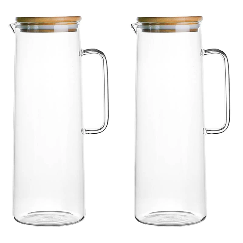

2X 1.7L Glass Water Pitcher With Handle Bamboo Lid Heat Resistant Cold Hot Kettle Capacity Tea Pitcher Water Juice Jug