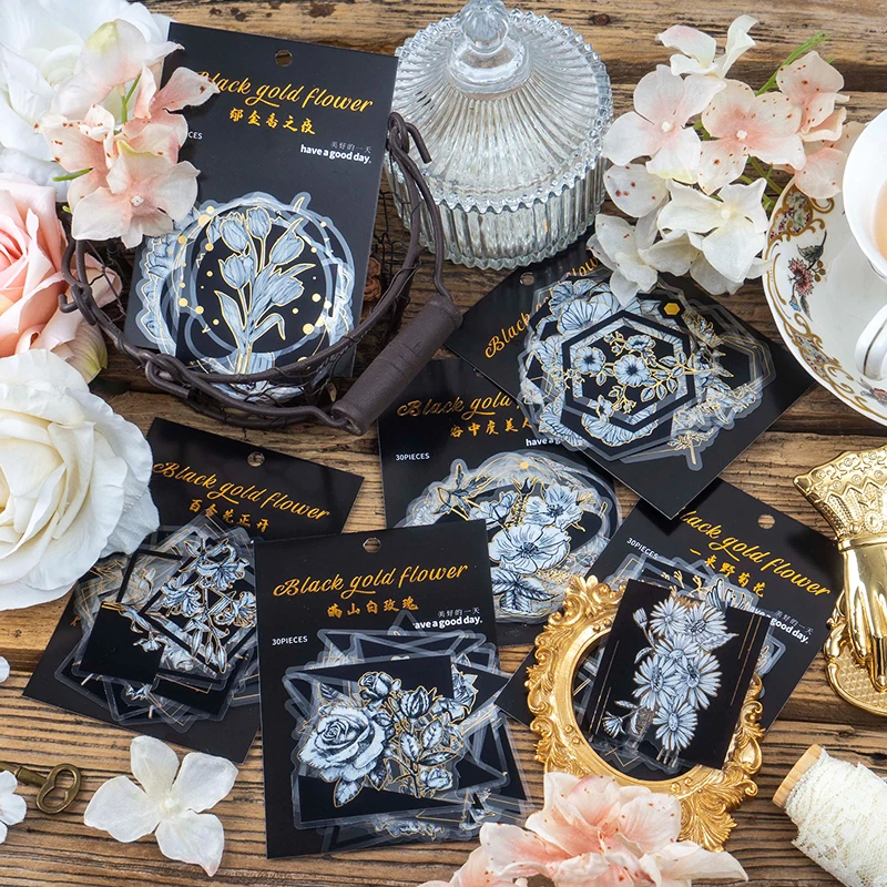 30 шт./упак. ПЭТ-наклейка позолоченные растения цветы коллаж ручная книга дневник