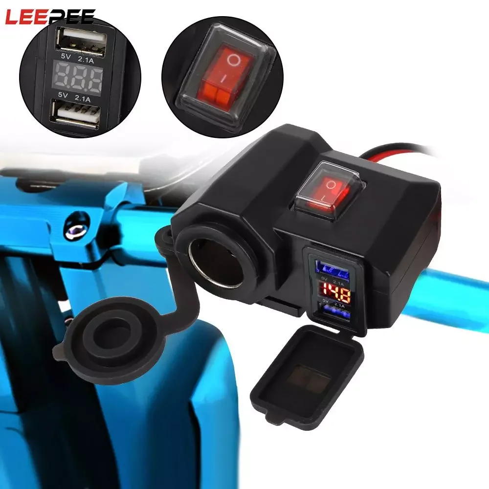 

Motorcycle Handlebar Charger For Phone 5V 2.1A Dual USB Socket Adapter Power Supply Cigarette Lighter Digital Display Waterproof