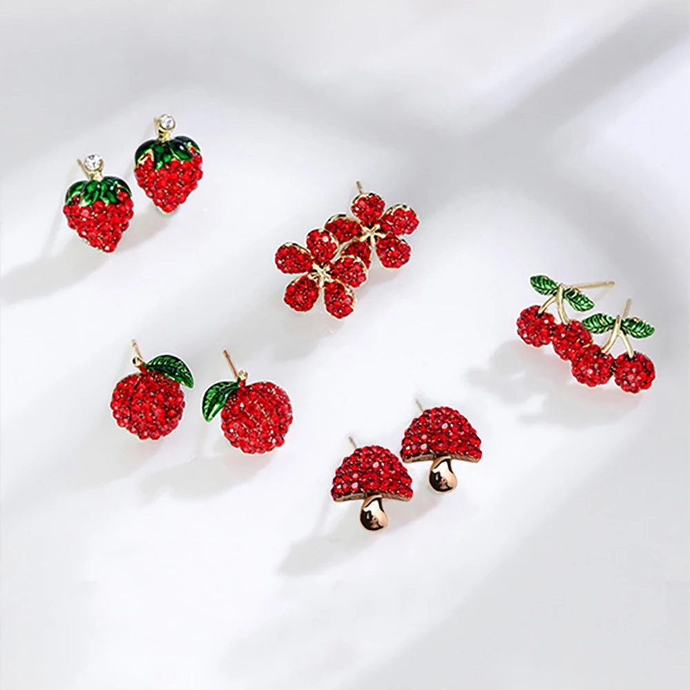 TKJ S925 Silver Needle New Strawberry Mushroom Cherry Apple Flower Red Stud Earrings Fashion Personality Earrings