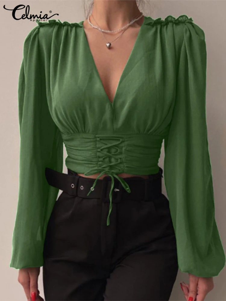 

Celmia Sexy V-neck Blusa Summer Women Elegant Pleats Long Puff Sleeve Blouses Fashion Cropped Tops Waisted Short Tunic Femininas