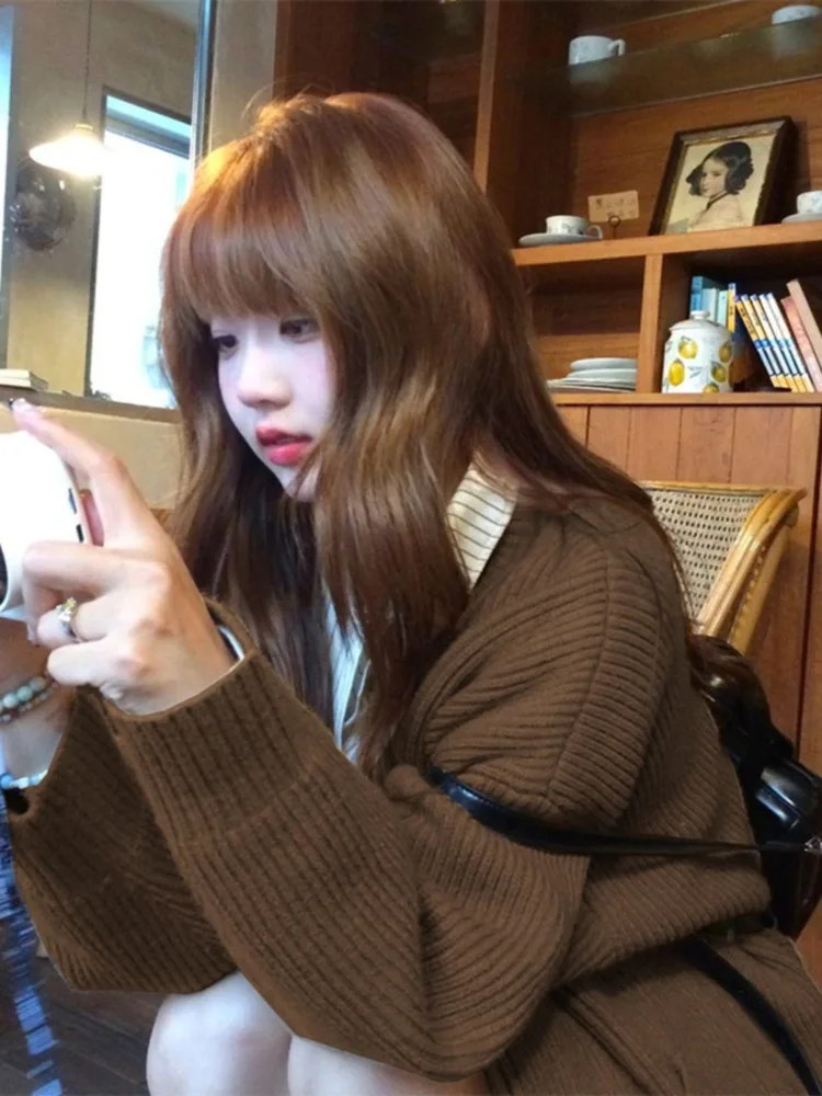 Женский трикотажный кардиган в стиле Харадзюку повседневный однотонный с