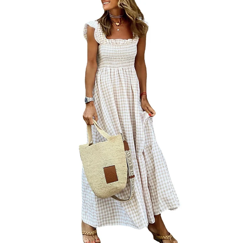 

Sweet Style Shrink Waist Large Hem Dresses Women Summer Sleeveless Ruffle Suspenders Plaid Dressy Female Comfortable Casual Gown