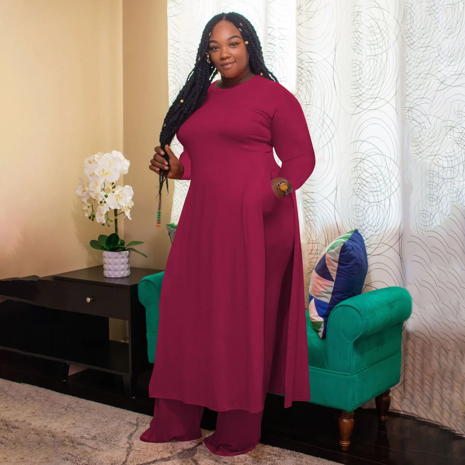 Plus Size Women Clothing Solid Long Sleeve O-Neck Ankle-Length Set of Women's Clothing 2 Pieces Elastic Waist Slim Fit Full
