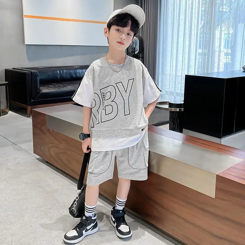 

Boys Summer Sportswear Suit Kids Short Sleeve T-shirt shorts 2pcs Casual Boy Cotton Streetwear Teenage Boy Outfits