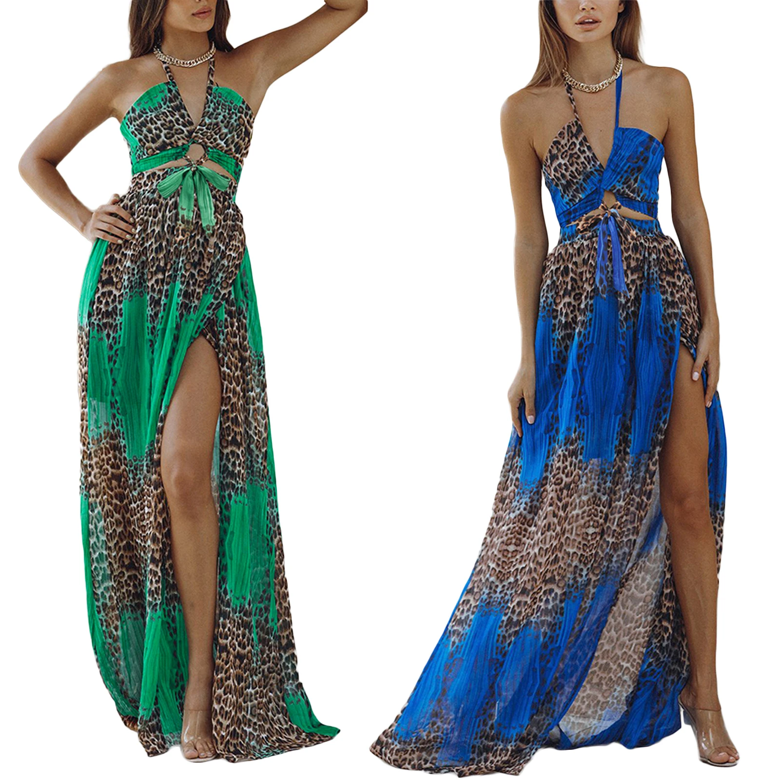 

2022 Summe Bohemian Floral Dress for Women Sexy Cut Out Wrap Plus Size Boho Sleeveless Maxi Dress Long Dress Halter Dress