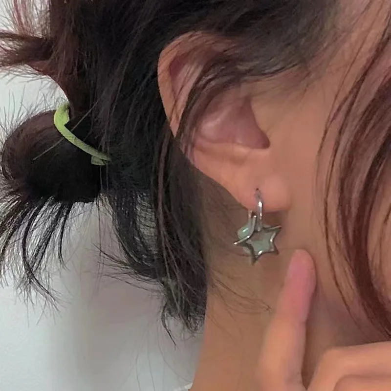 

y2k Vintage Imitation Jade Pentagram Star Earrings Punk Detachable Design Earrings for Women