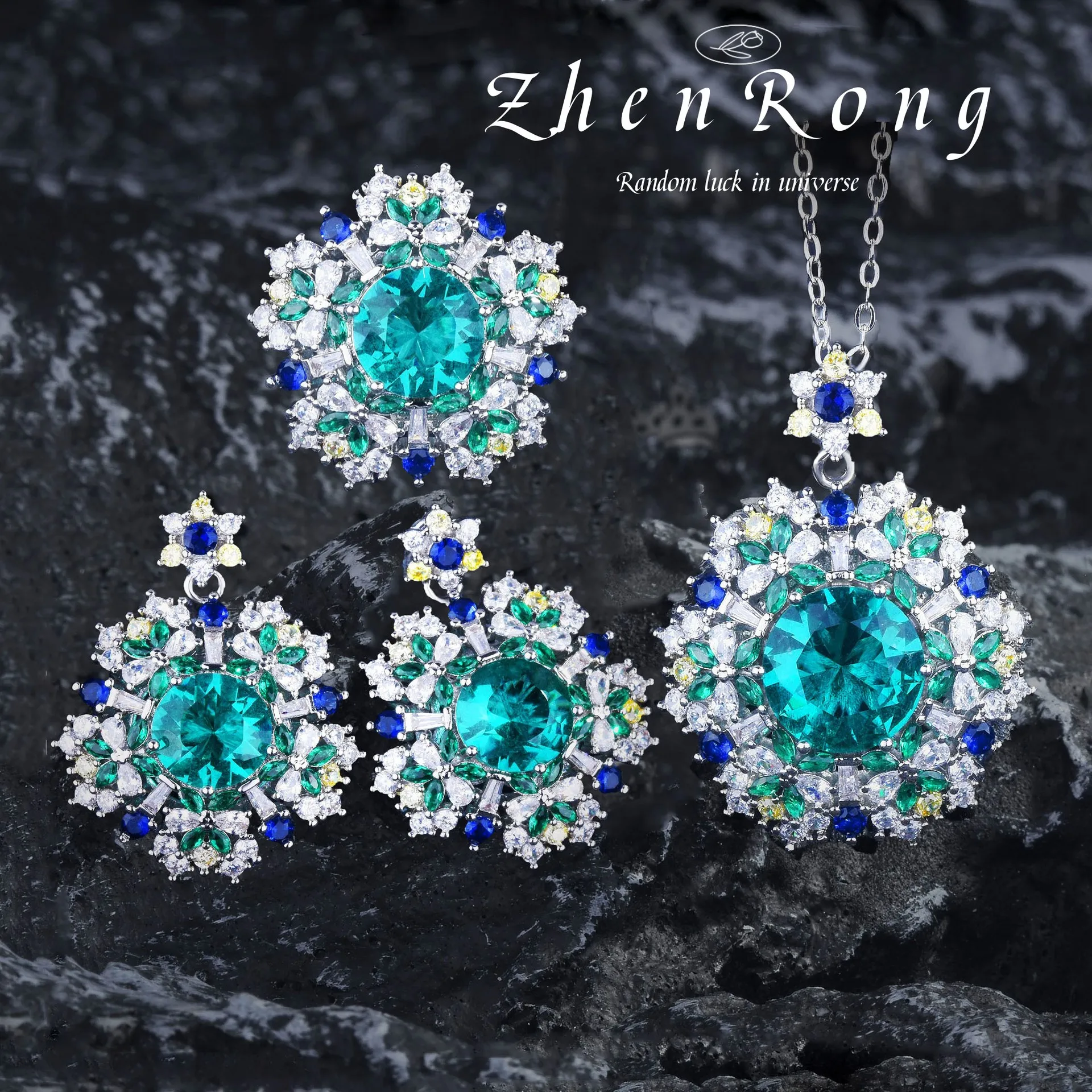 

Foydjew Luxury Flower Design Jewelry Sets Emerald Green High Carbon Diamond Pendant Necklaces Drop Earrings Rings For Women