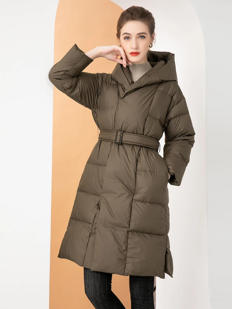

Зимняя длинная пуховая куртка, женское ультралегкое теплое пуховое пальто на утином пуху с поясом, Женская парка, высококачественная повседневная верхняя одежда, пальто