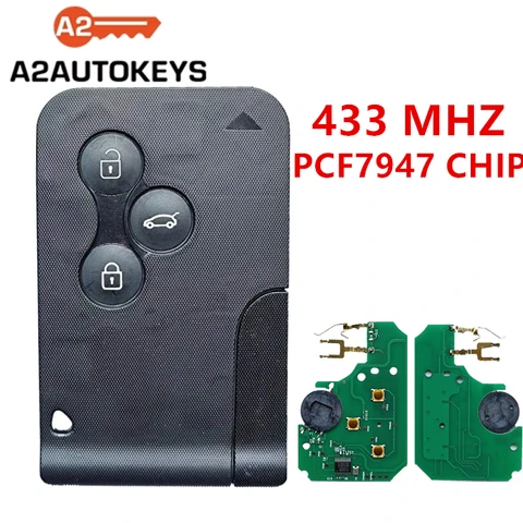 Ключ Автомобильный аварийный Smart Remote Key для Renault Megane 2 Scenic Card II, 3 кнопки, чип ID46, 433 МГц