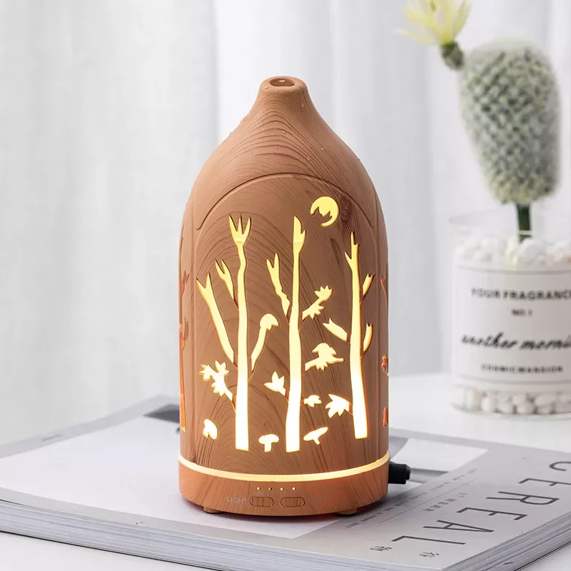 

Wood Grain Hollow Out Carved Aromatherapy Essential Oil Diffuser USB Ultrasonic Air Humidifier with LED Lamp for Home Office Car