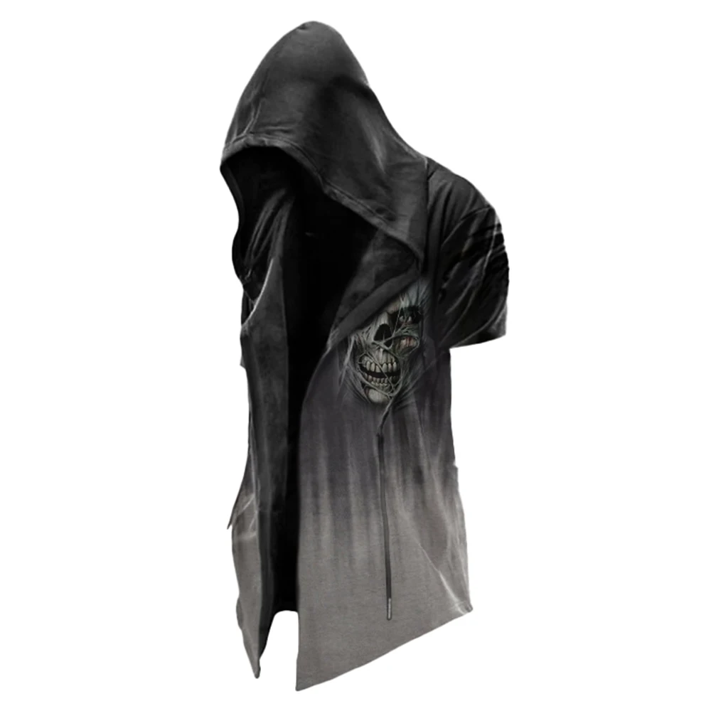 

Fashion Casual Men's Hoodies Top Short Sleeve Skull Printed Gothic Punk Asymmetrical Hem Tee Top for Summer Gradient T shirts