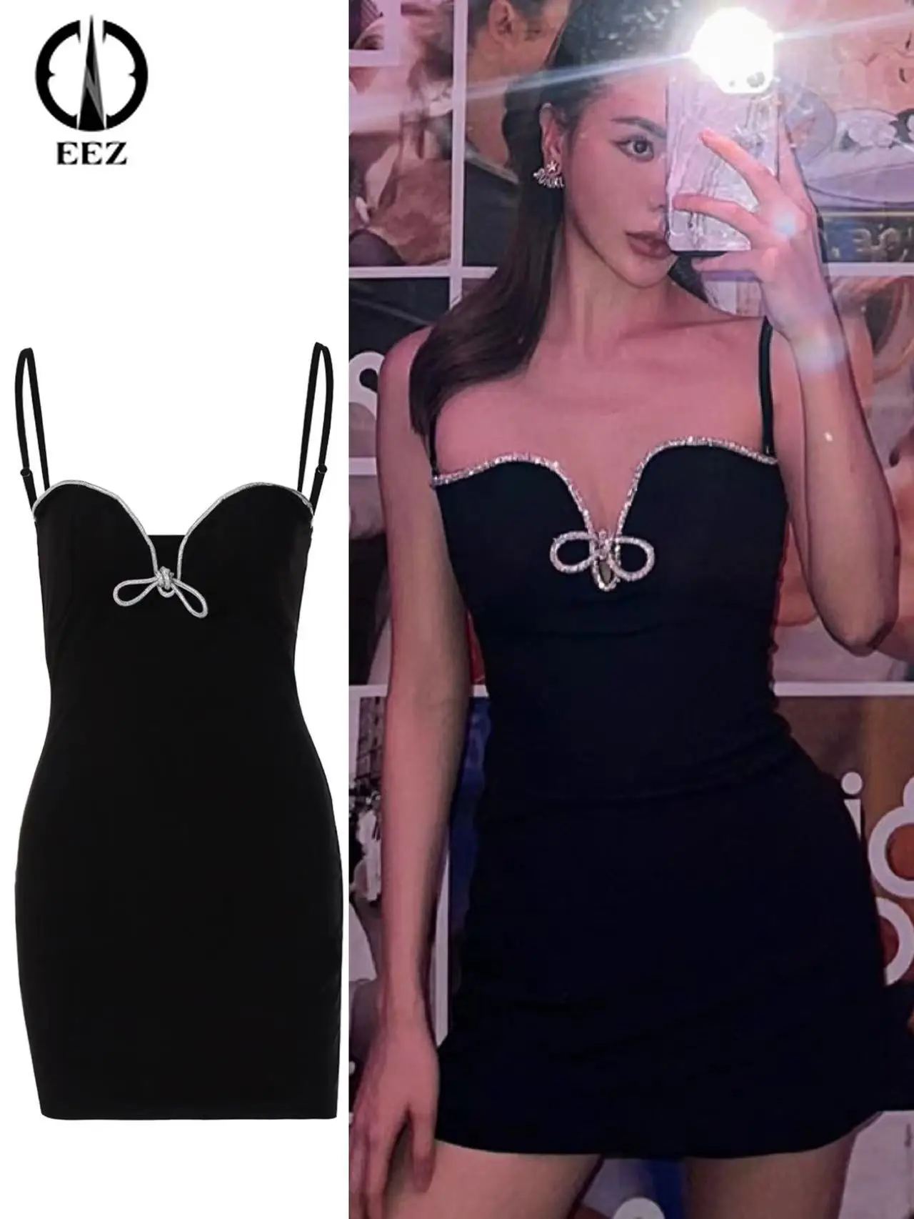 

【Adjustable Straps】 Black V-Neck Brilliant Silk Bow Spaghetti Strap Backless Mini Dress Women Sexy Slim Coquette Streetwear Y2K