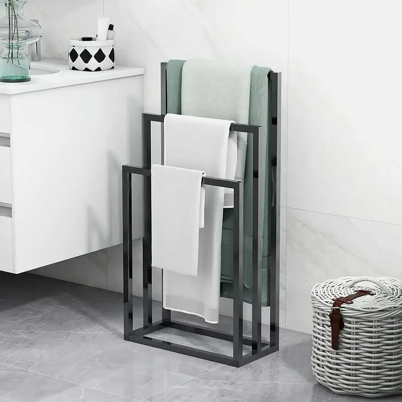 

3 Tiers Black Metal Towel Rack Chrome Tall Industrial Modern Freestanding Towel Holder for Bathroom Accessories Organizer for Ba