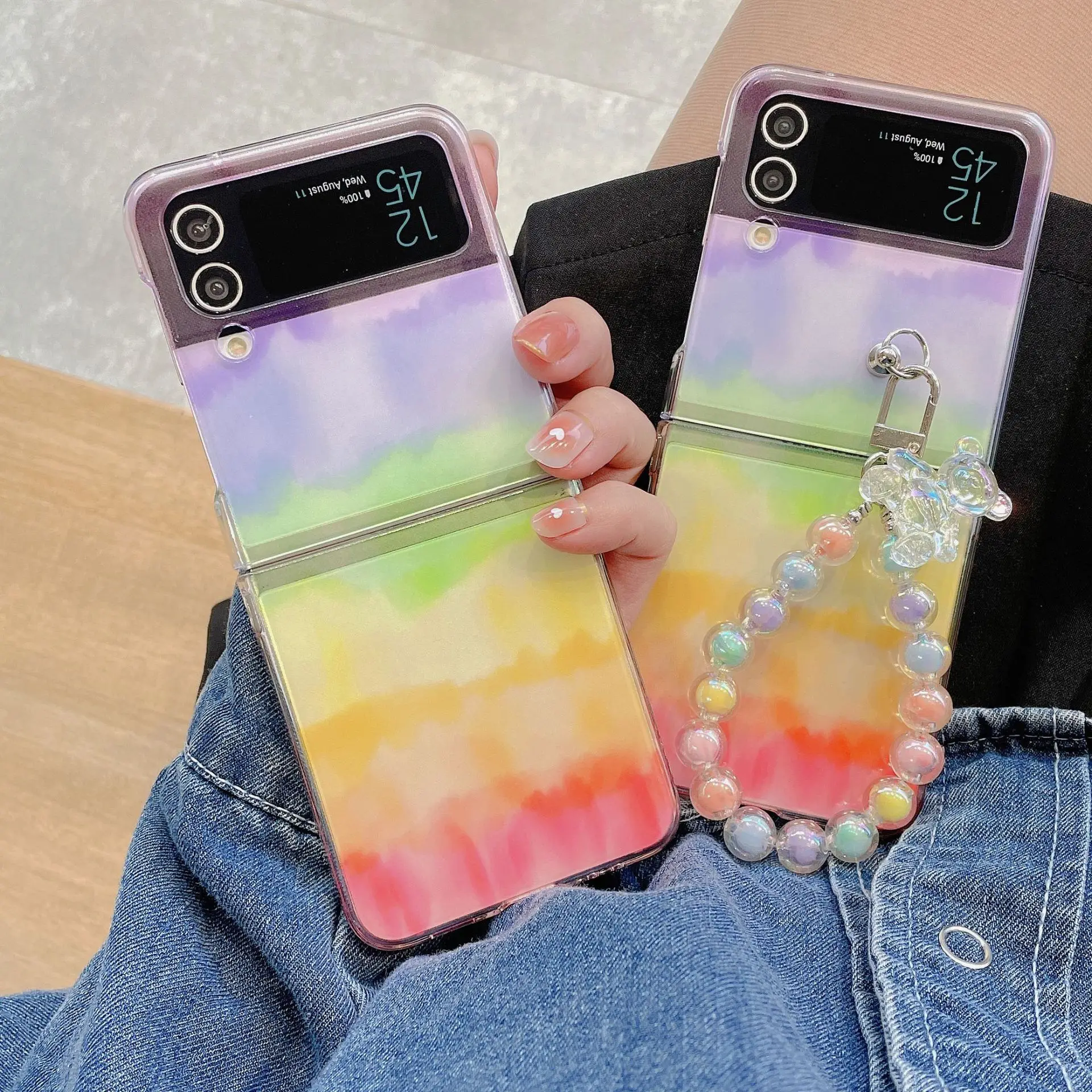 

Ins Lovely Rainbow Bead Chain Phone Case for Samsung Galaxy Z Flip 3 Z Flip 4 Hard PC Back Cover for ZFlip3 ZFlip4 Case Shell