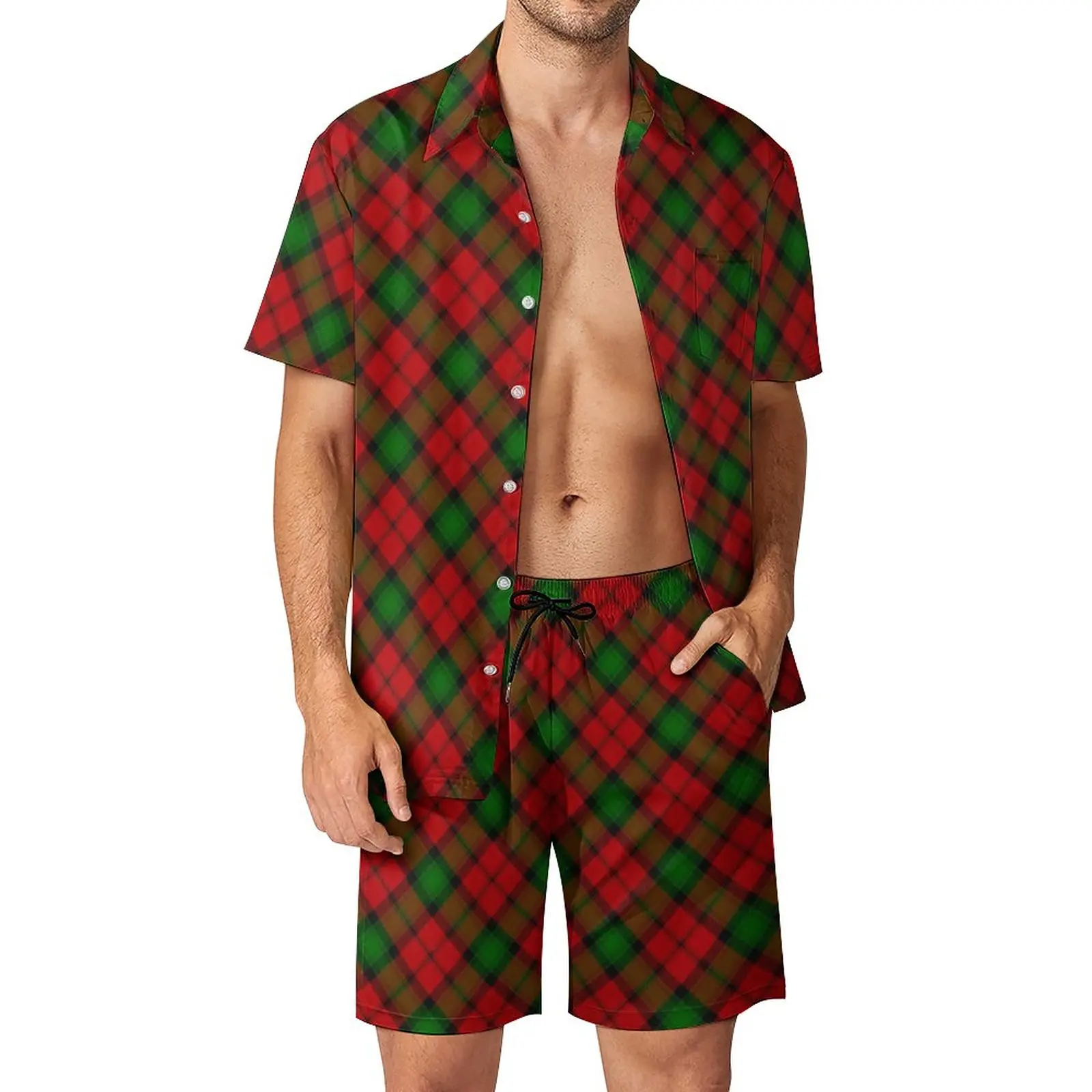 

Kerr Clain Tartan Plaid Men Sets Christmas Colors Casual Shorts Summer Hawaii Beachwear Shirt Set Short Sleeves Plus Size Suit