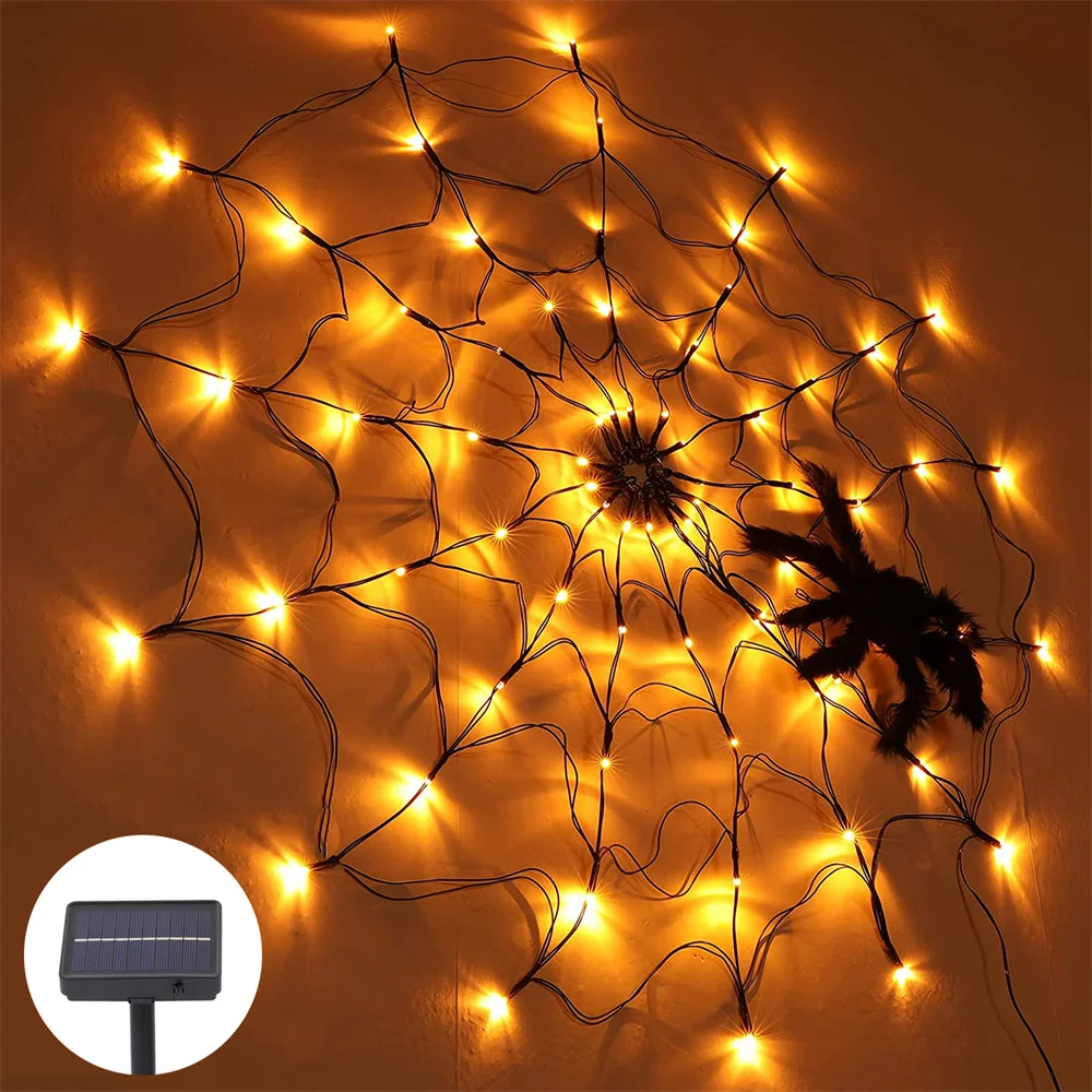 

3.18ft Diameter Solar Halloween Spider Web Lights 60LED 8Mode Spider Net Lights For Party Yard Garden Bar Haunted House Decor