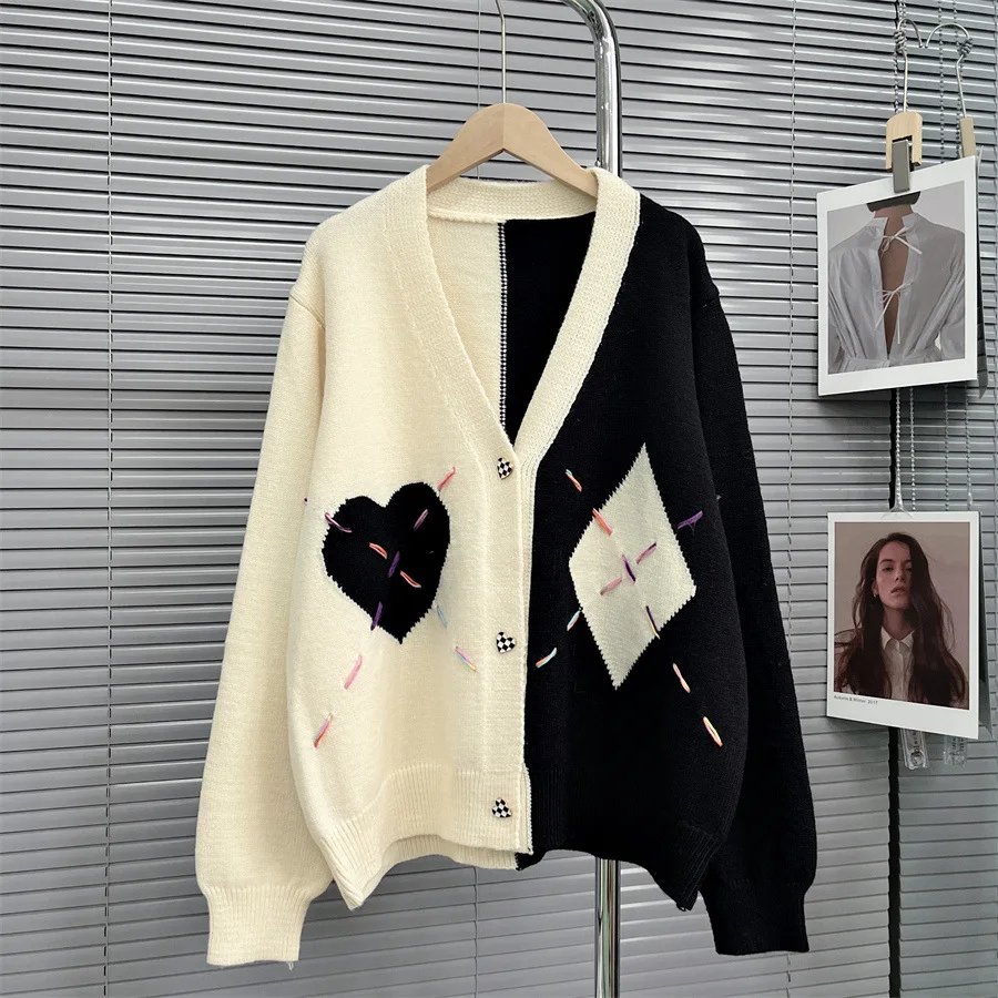 

SuperAen New Design Contrast Knitted Cardigan Jacket Women's Autumn Winter Sweater Chic Korean Coat