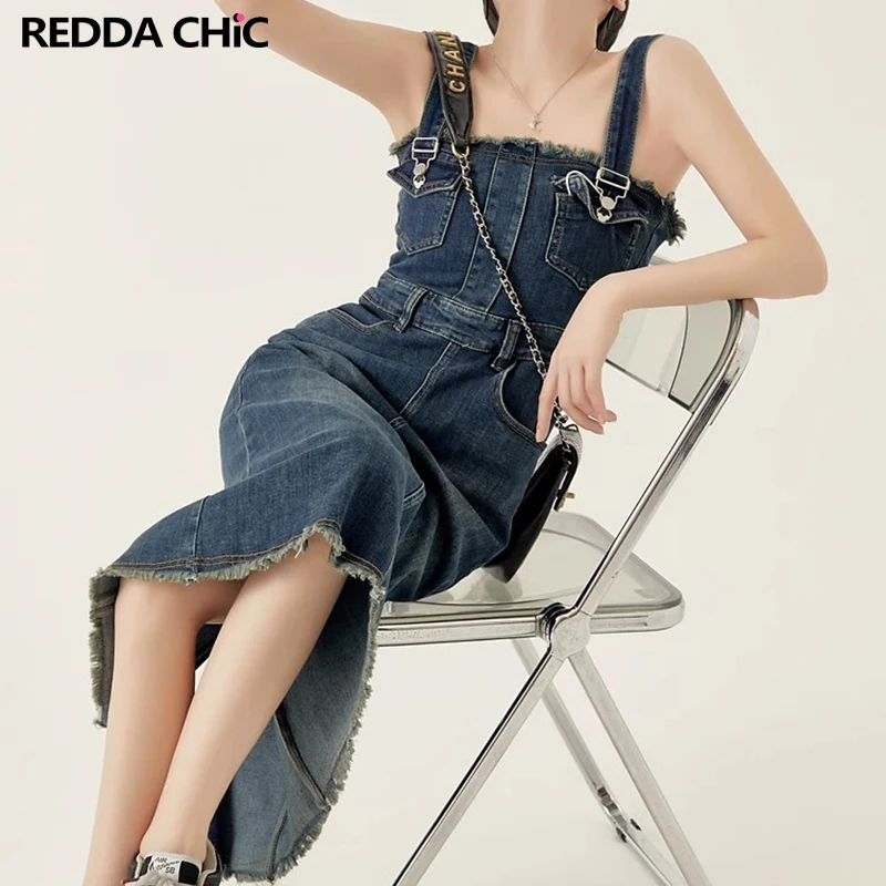 

Женское джинсовое платье REDDACHiC, уличная одежда, однотонное синее длинное джинсовое платье на бретелях, с карманами и необработанным подолом, на лето