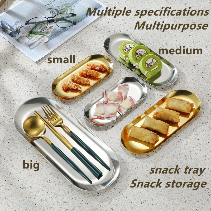 

Thick Stainless Steel Gold Serving Plate Restaurant Fish BBQ Skewers Seafood Sushi Plate Oval Large Flat Storage Tray