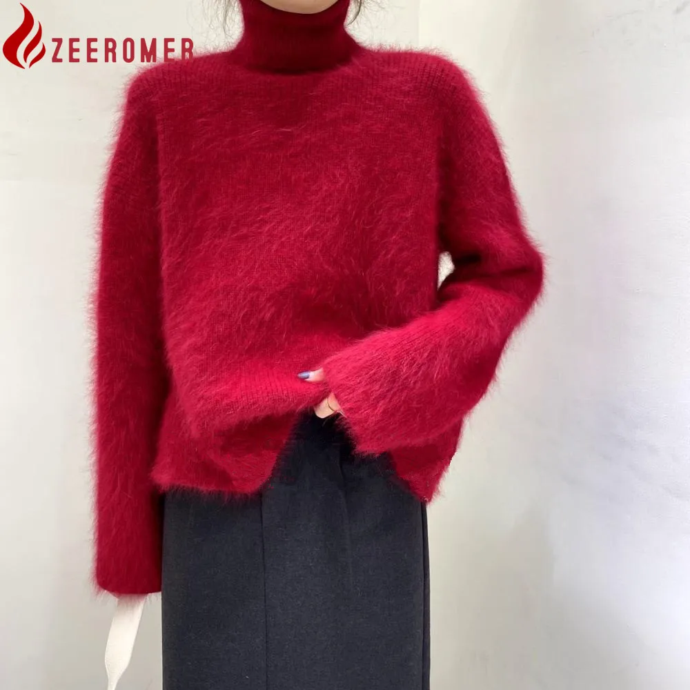 

Autumn Winter Korean Fashion Mink Cashmere Knitted Pullovers Women Turtleneck Long Sleeve Soft Mohair Loose Warm Sweaters Jumper