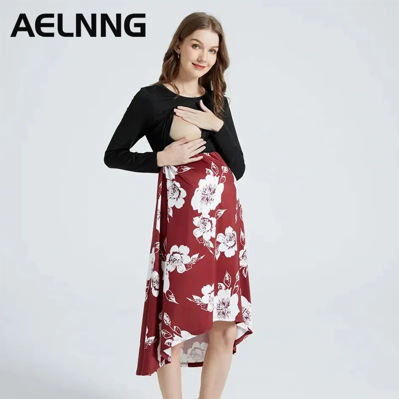 Vestidos a la moda para mujer, ropa de maternidad de manga larga con estampado de flores irregulares, vestido de lactancia para embarazo 8848