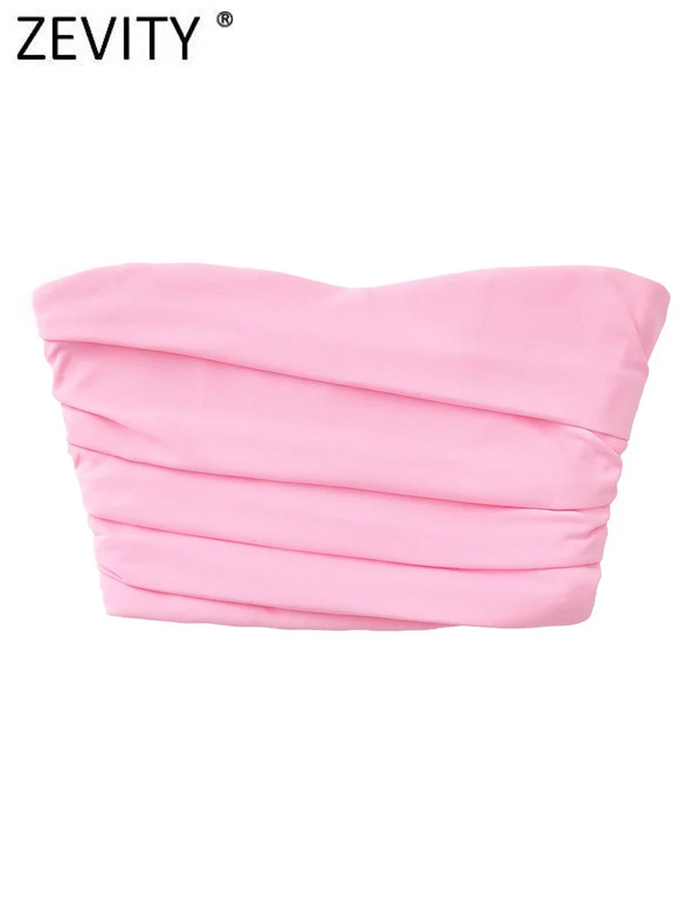 

Zevity женский Шикарный Розовый корсет без бретелек, короткая тонкая блузка, Женская Летняя Сексуальная плиссированная дизайнерская рубашка ...