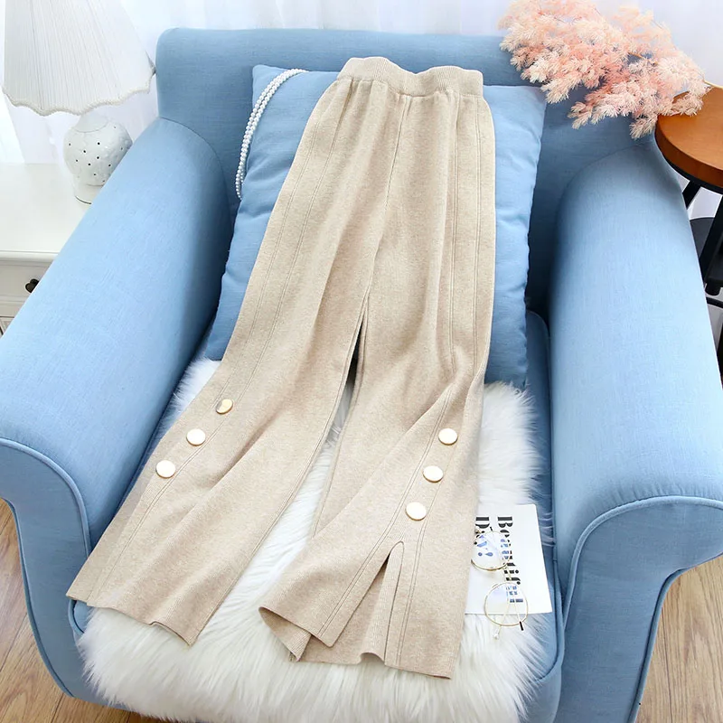 2022 Knitted Women Pant High Waist Solid Wide Leg Office Lady Elegant Pant Side Split Loose Casual Ankle Length Pant Top Quality