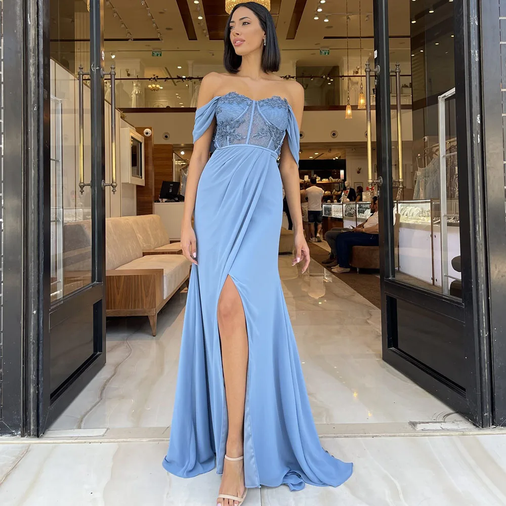 

Classic Evening Dress Long Luxury 2022 Sweetheart Zipper Off The Shoulder Prom Dress Lace Applique Satin Trumpet Robes De Soirée