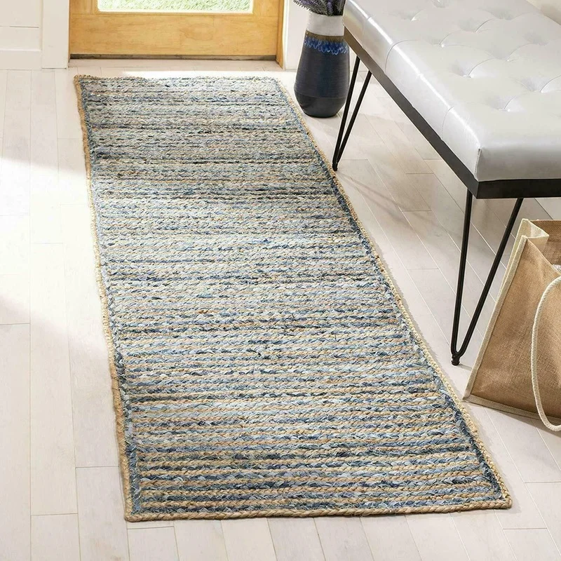

Runner Rug Jute & Denim Reversible Handmade 2x8 Feet Braided Rug Rustic Look Rug