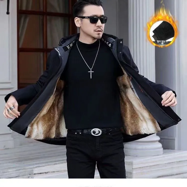 Hengxiqin Мужская черно-золотая куртка на флисовой подкладке зимняя морозостойкая