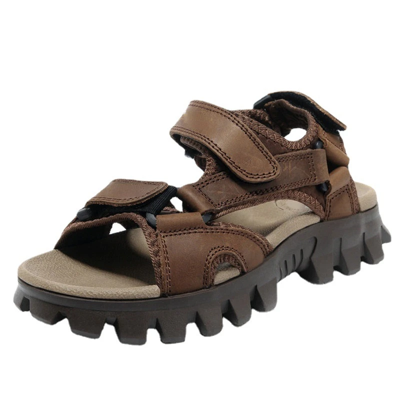 

Мужские кожаные сандалии для песчаного пляжа, Повседневная Уличная обувь, Нескользящие, с открытым носком, увеличивающие рост, лето