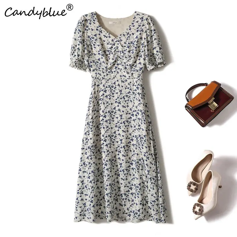 

Flower Printing Bubble-sleeve Tea Break V-Neck French Kikyo Dress Short Sleeve Elegant Vintage Mid-Calf Dresses for Women 2023