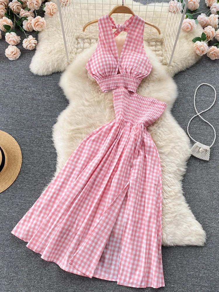 

Комплект из двух предметов женский клетчатый, пикантная рубашка с лямкой на шее и V-образным вырезом, укороченный топ и платья с разрезом, эл...