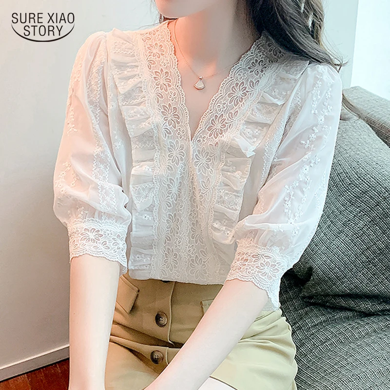 

Женская хлопковая блузка с коротким рукавом, кружевная белая блузка с V-образным вырезом и цветочным принтом, лето 20055