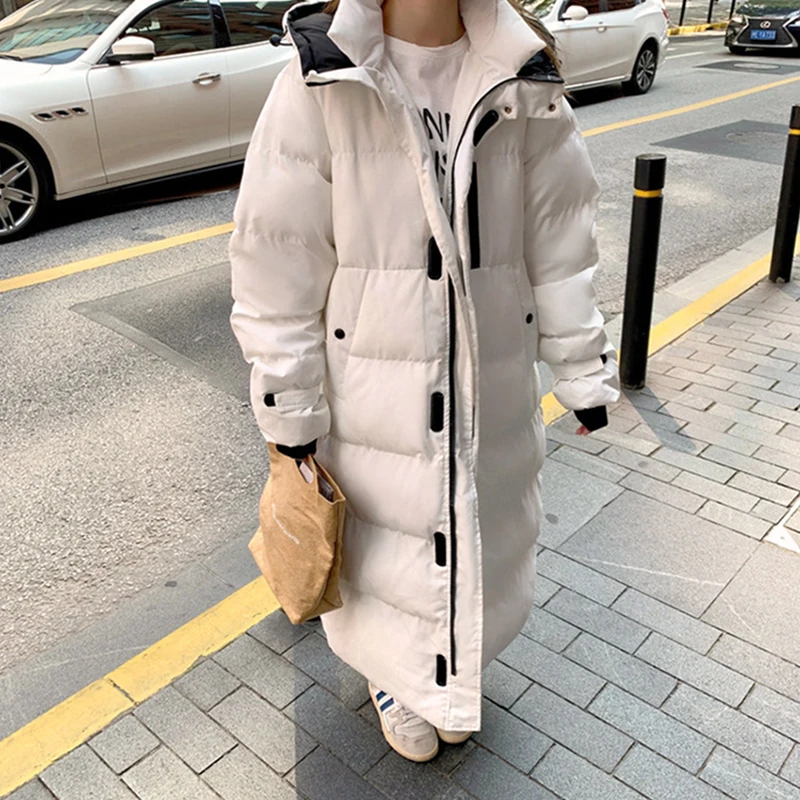 Long Down Jacket Women'S Coat Winter 2023 New Korean Oversized Thick Warm Hooded Parka Women'S Black White Cotton Jackets
