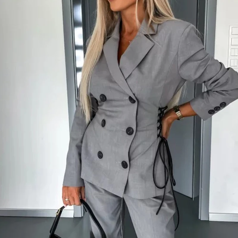 

Female Solid Color Double-Breasted Blazer Jacket Fashion Lapel Slim Fit Blazer Coat Autumn Long Sleeve Drawstring Office Outwear