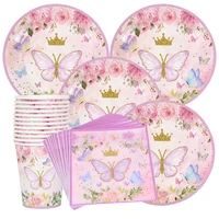 pink butterfly disposable tableware butterfly flower paper plates cups napkins wedding decor baby shower birthday party supplies