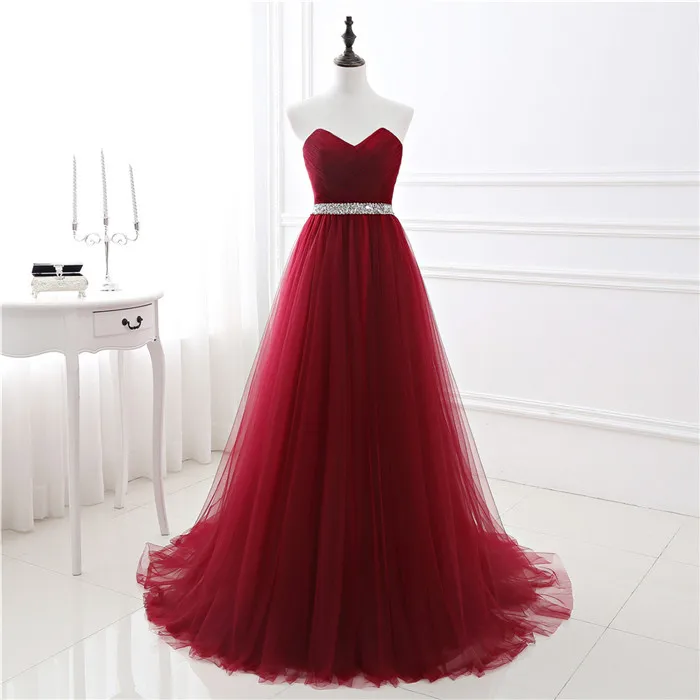 

ANGELSBRIDEP Burgundy A-Line Evening Dress Tulle Sweetheart Sash Beading Floor Length Sweep Train Formal Prom Party Gown