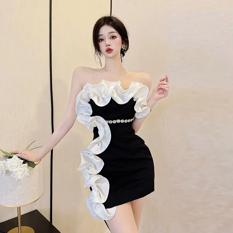 

Ruffles Patchwork Diamonds Chain Strapless Elegant Women Dress Summer 2023 Sleeveless Sexy Bandeau Short Fashion Party Dresss