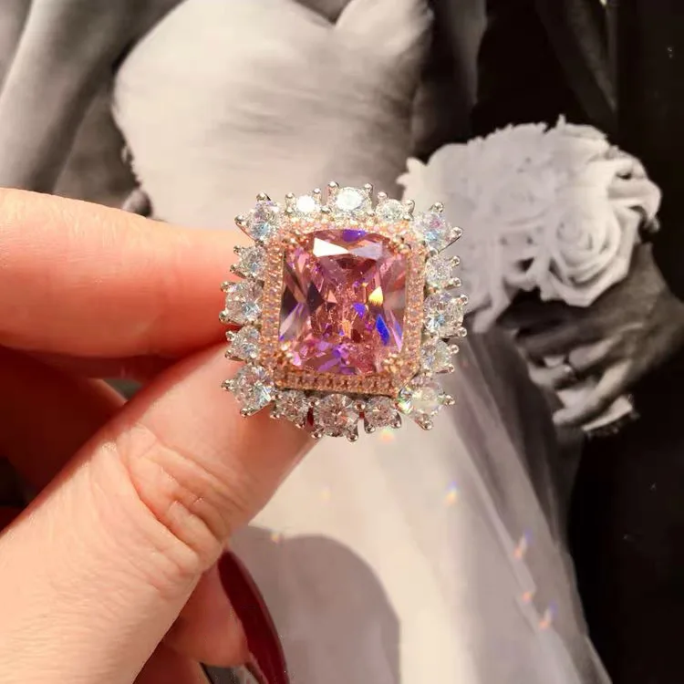 

Fashion Eternity Pink AAAAA Zircon 925 Silver Rings Trendy Couple Engagement Jewelry Simple Geometric Lovely Ring for Women