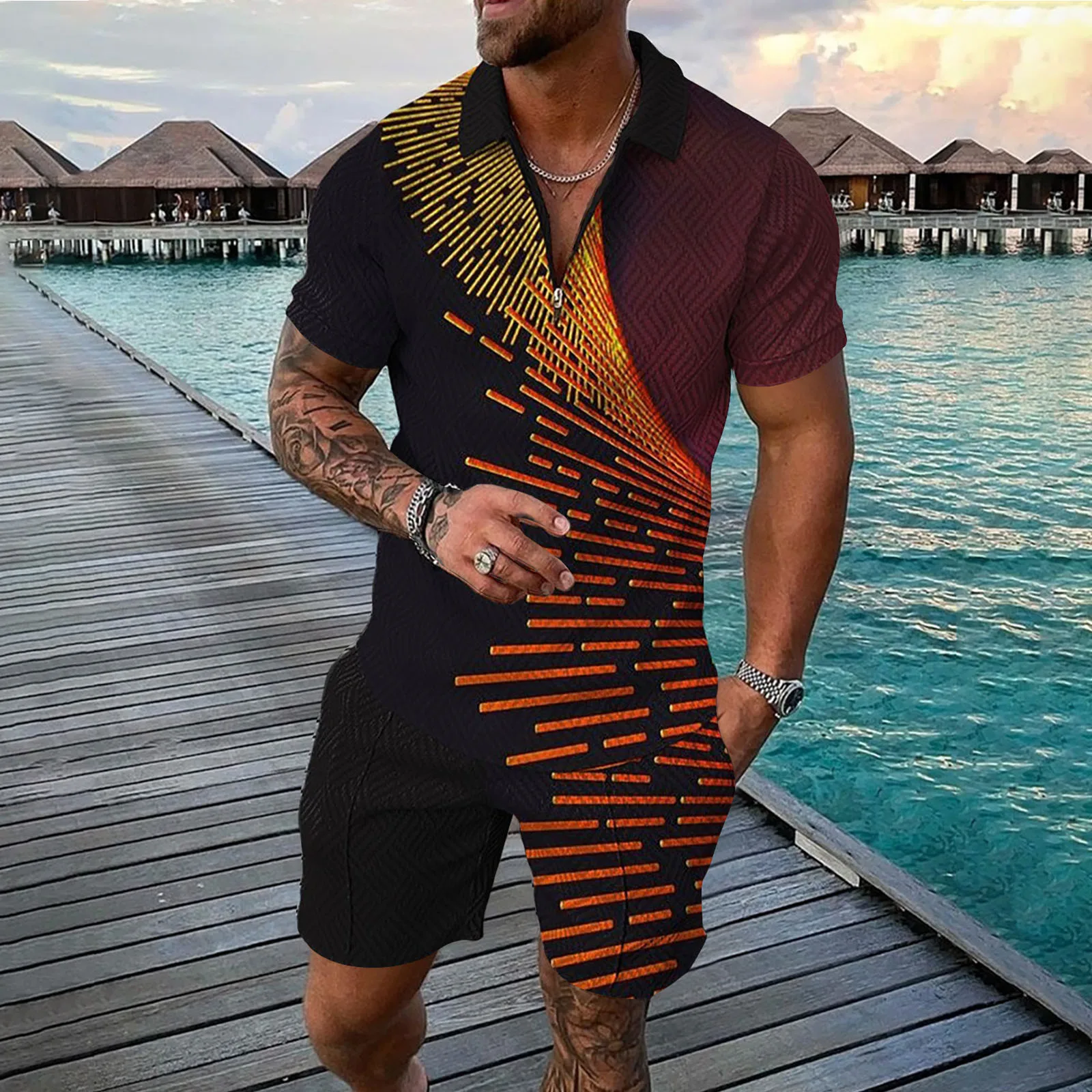 

Hawaiian Color Block 2 Piece Suit Lapel Collar Tracksuit Short Sleeve Male Set Conjuntos Cortos Streetwear Vacation Dailywear