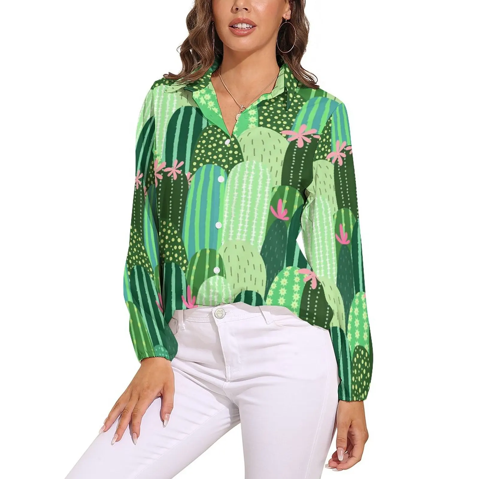 

Funny Cactus Loose Blouse Pink Floral Print Street Fashion Oversized Blouses Female Long Sleeve Funny Shirt Spring Pattern Top