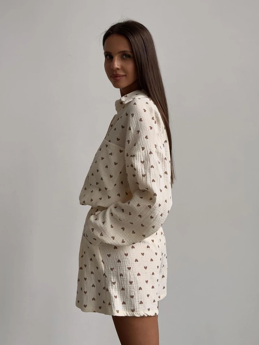 Marthaqiqi Love Printing Women'S Pajamas Suits Long Sleeve Sleepwear Sexy Turn-Down Collar Nightwear Loose Shorts Nightgowns Set