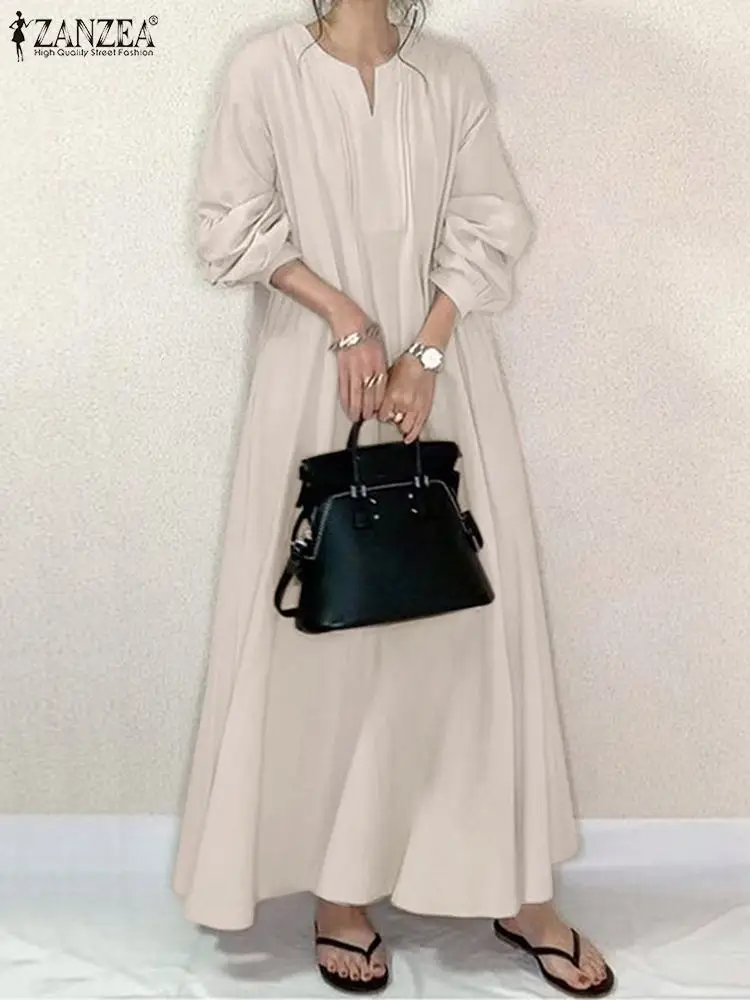 

ZANZEA Autumn Women Fashion V Neck Puff Sleeve Sundress Solid Maxi Long Dress Loose Casual Vestidos Oversize Kaftan Robe Femme