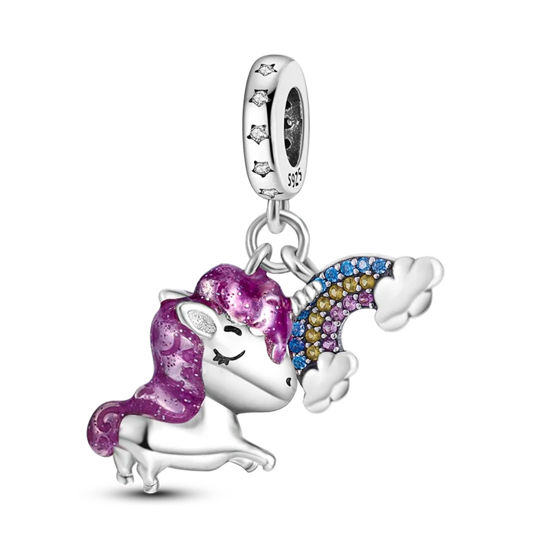 

Genuine 925 Sterling Silver Pink Unicorn and Rainbow Clear CZ Beads fit Charm Bracelet & Necklaces DIY Jewelry KTC317