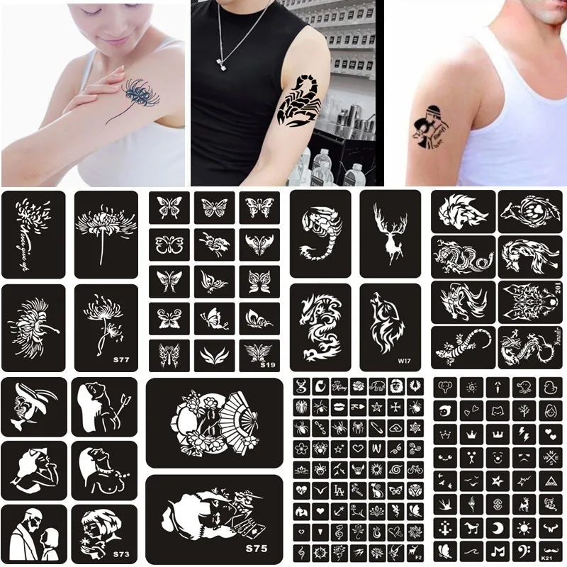 Airbrush Skull Stencils Diy Henna Finger Template Reusable Glitter Tattoo Stencil Hands Body Flames Dragon Butterfly Snowflake