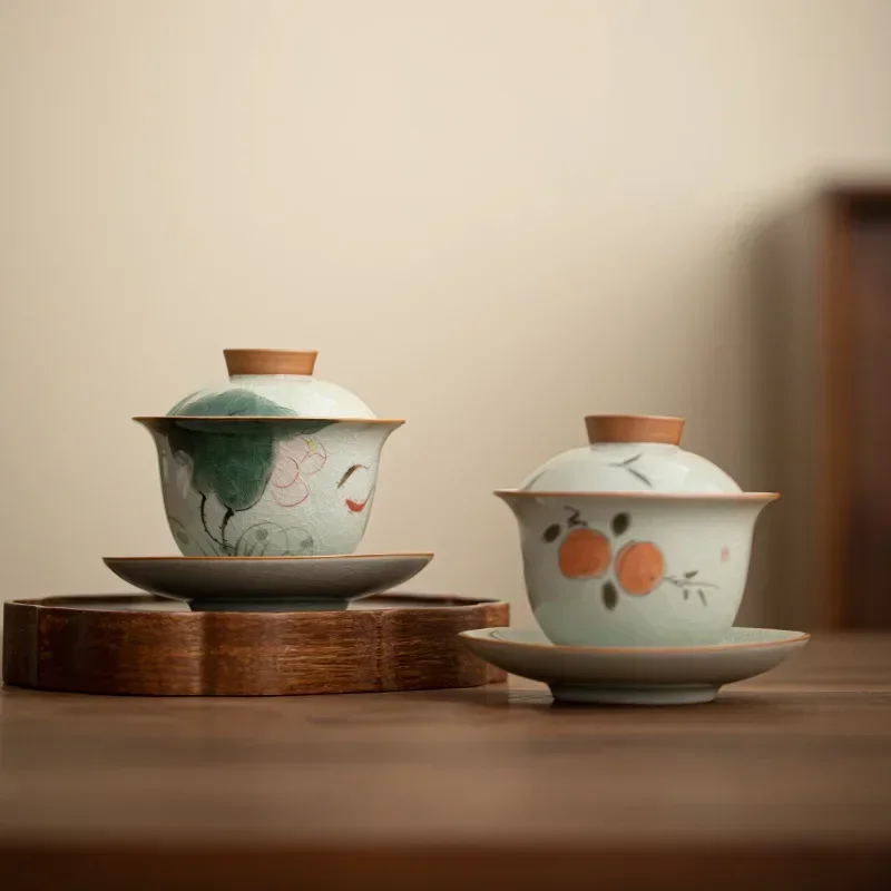 Фото Чайная чашка Gaiwan с ручной росписью в стиле ретро, печь Ge, одиночная чайная посуда, без ожогов, чаша для заваривания чая, высококачественная, бытовая, чайный набор Master №1